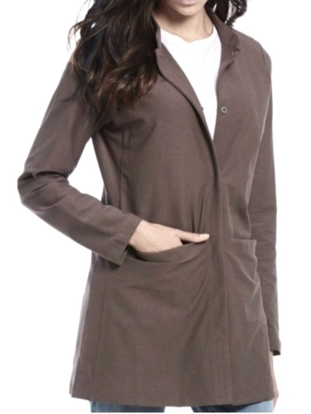 Eileen Fisher Women's Sz Small Brown Mandarin Collar Long Coat Jacket